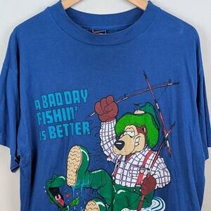 Vintage 90s A Bad Day Fishin' Cartoon T-Shirt Blue L Sun Tag USA Made Funny Tee‎